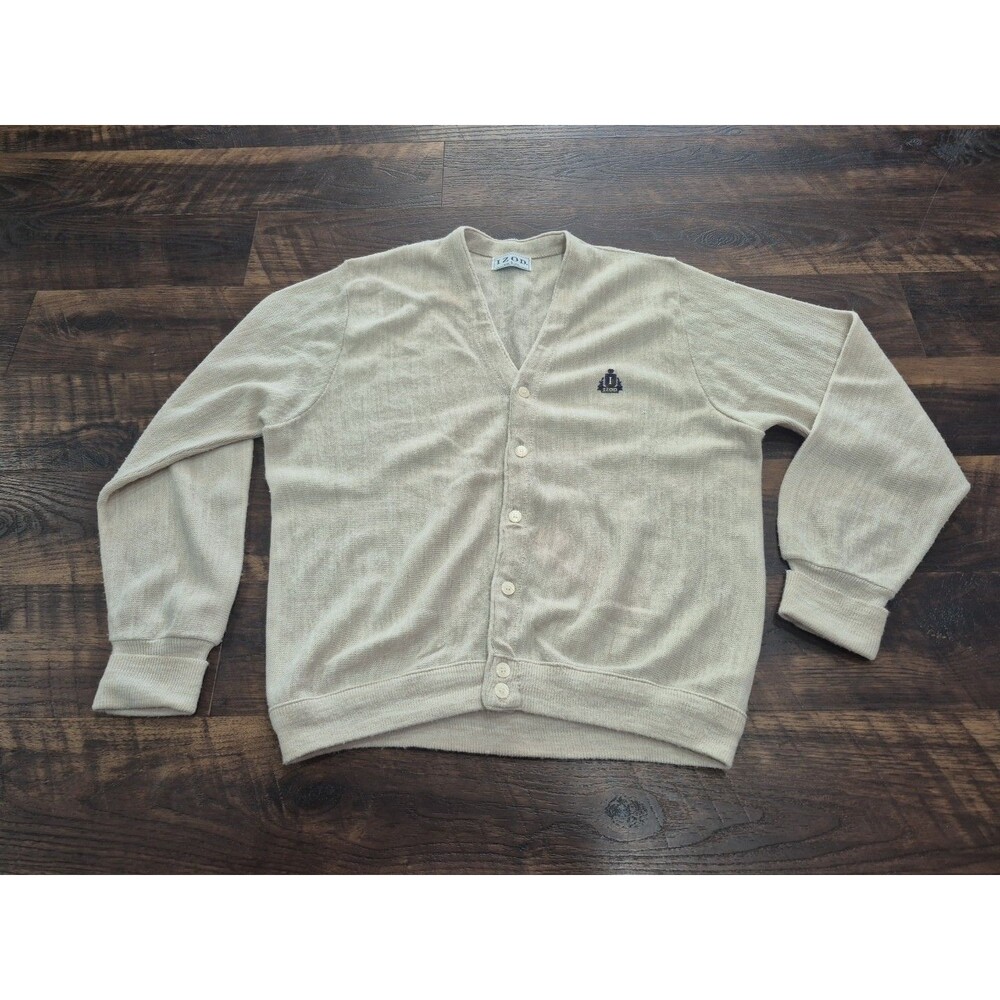 Vintage Izod Cardigan Men L Cream Sweater 80s Old Money Tennis Preppy - Picture 1 of 7
